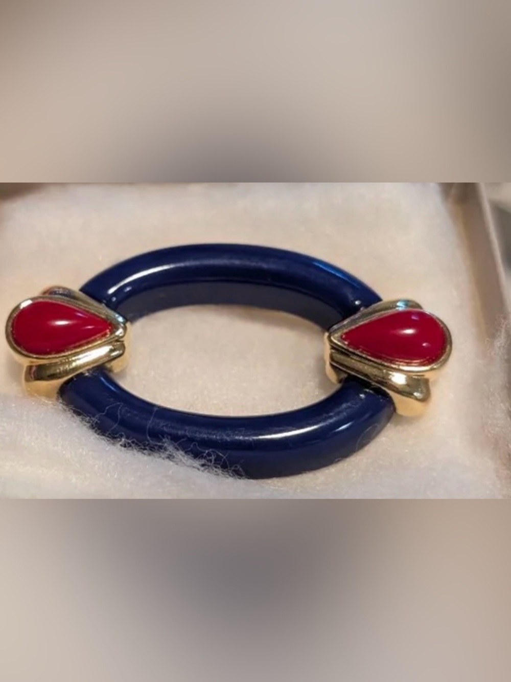 Avon Blue Resin Bracelet with Red Teardrop Accents and Gold-Tone Details